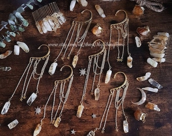 Citrine quartz ear cuff, no piercing dangle earring, grunge jewelry, witchy earrings, festival jewelry, statement earrings, fairy ear cuff