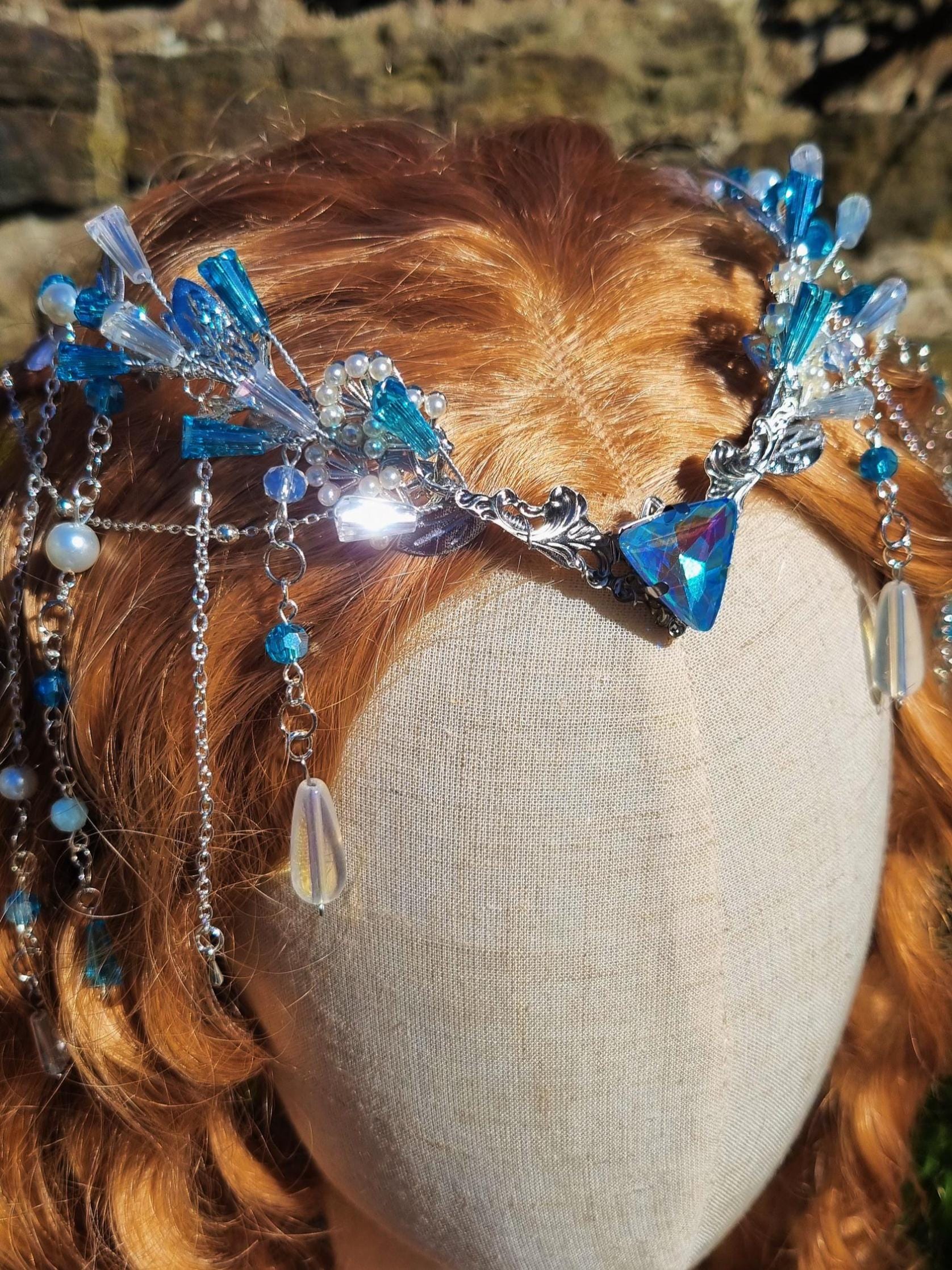 Blue Mermaid Crystal Tiara, Pearl Ocean Fantasy Crown, Fairy  display picture 1