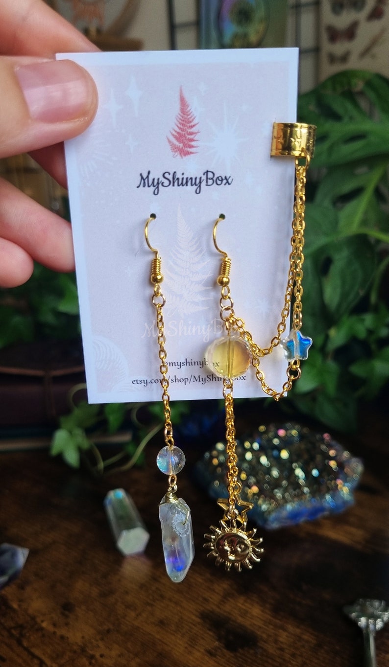 ORION Dangling Star Moon Quartz Crystal Earrings With Chain Etsy UK