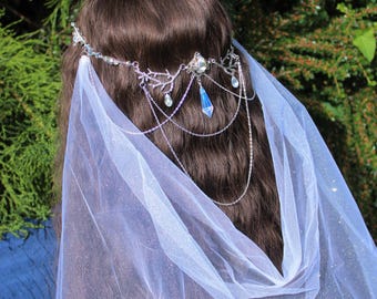 White Elven Bridal Veil, Fantasy Wedding hair down headpiece, Celestial Fae jewelry
