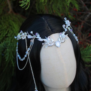 Tiara élfica de cuarzo cristalino, tocado de fantasía del bosque, diadema nupcial de hada Arwen