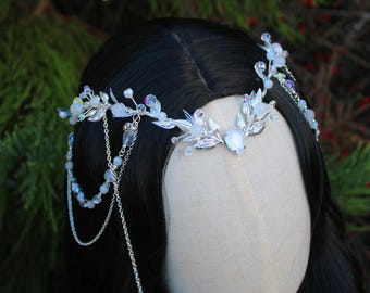 Crystal quartz Elven Tiara, Woodland Fantasy Headpiece, Arwen Bridal fairy Circlet