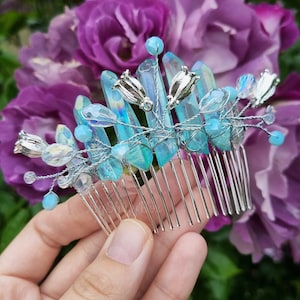Blue quartz hair comb with beads, Flower wedding hair comb, Gemstone wedding hair accessories, Princess hair pin, fantasy hair pin