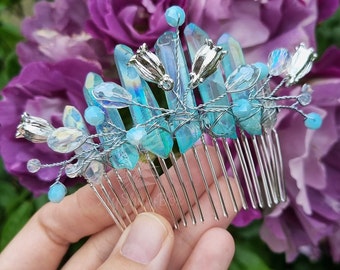 Blue quartz hair comb with beads, Flower wedding hair comb, Gemstone wedding hair accessories, Princess hair pin, fantasy hair pin