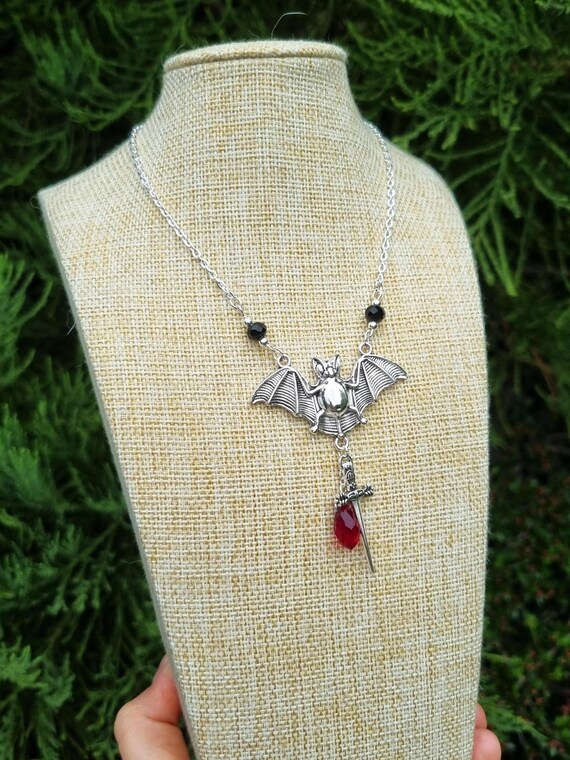 Bat Crystal Necklace - Gothic Necklace With Red Beads