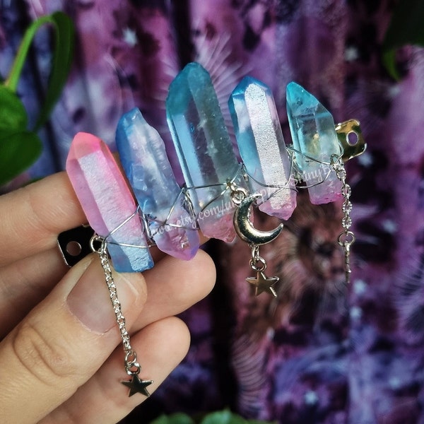 Cotton candy quartz hair clip, Blue and pink quartz gemstone hair clip, Witchy kawaii mermaid festival crystal hair barrettes accessory