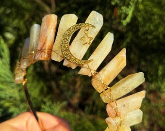 Citrine Crystal Crown, Gold Moon Bridal Tiara, Bohemian Wedding Headpiece
