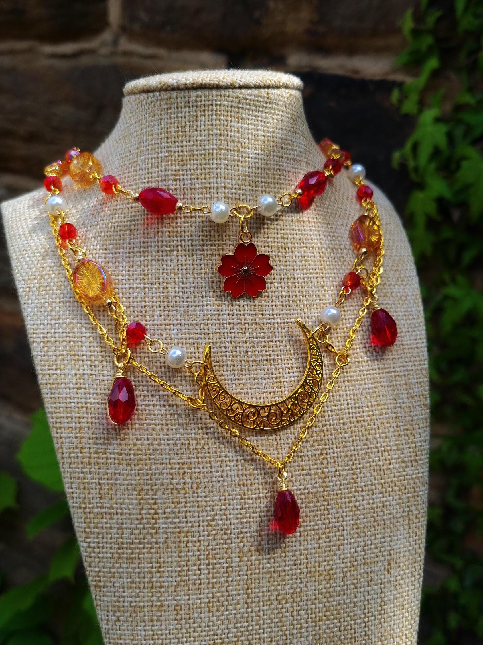 2-pieces Red Flower Necklace, Whimsical Fancy Necklace