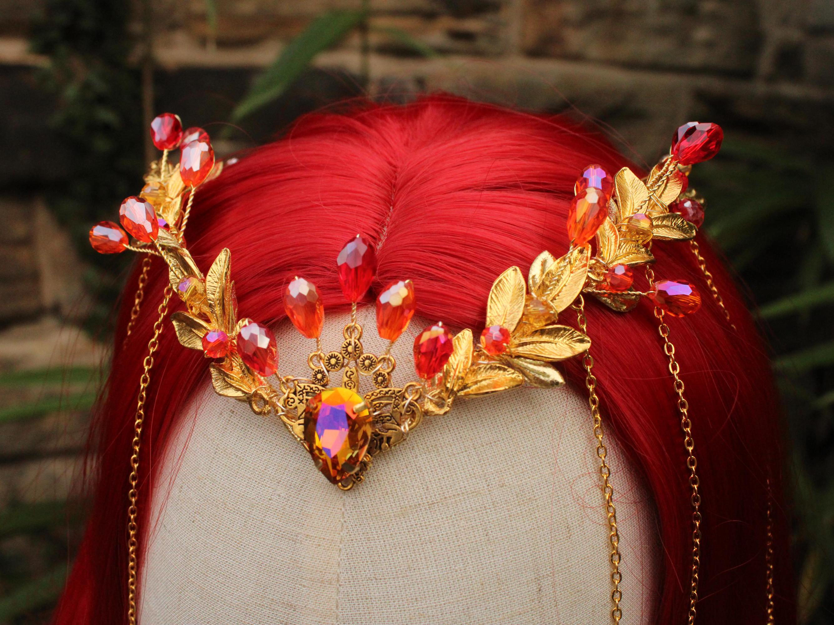 Red Elven Crystal Tiara, Flame-inspired Gold Circlet 