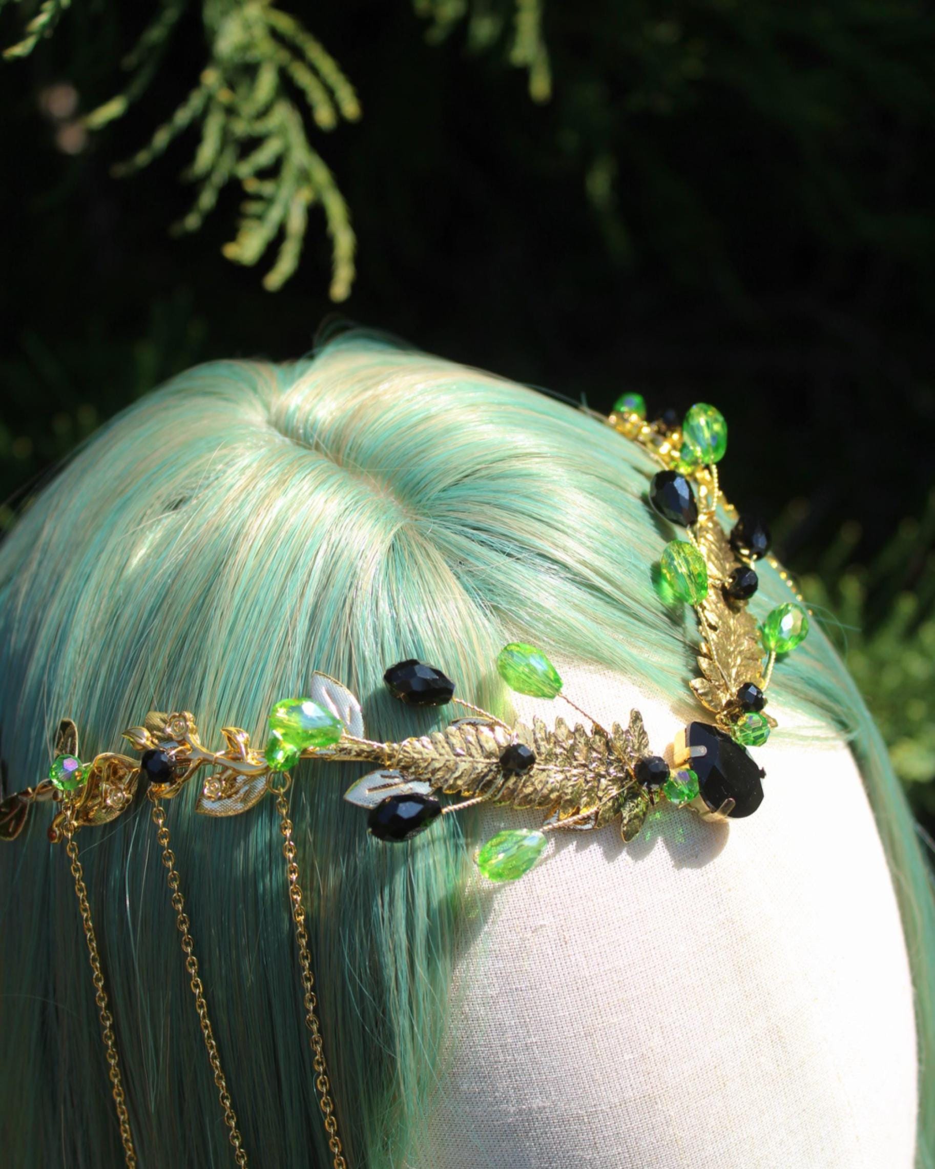 Green Crystal Tiara Handmade Fairy Crown Bridal Wedding V-Shaped Elf Headpiece Elven Forest Headpiece - Elf Tiara Fairy Crown - Wedding  main image 4