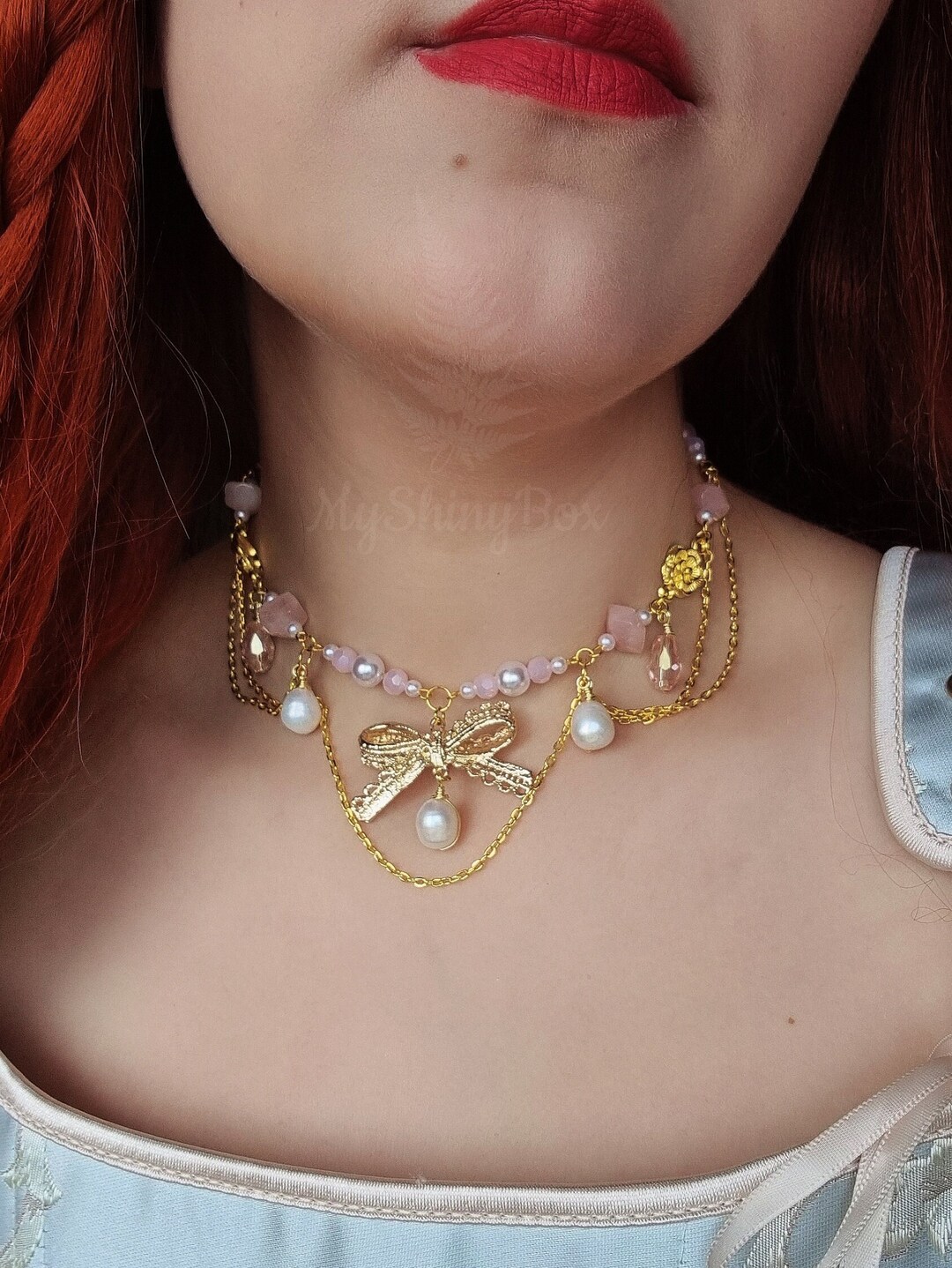 Bow Necklace With Pearls and Rose Quartz, Coquettecore Choker