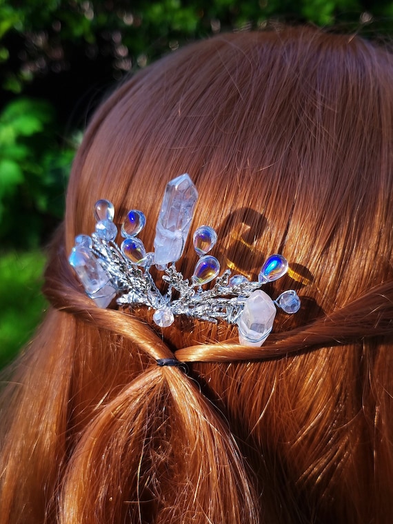 Aura quartz crystal hair comb, beaded wedding hair accessory, fairy elven  hairpiece, light blue crystal hair pin, delicate hair comb
