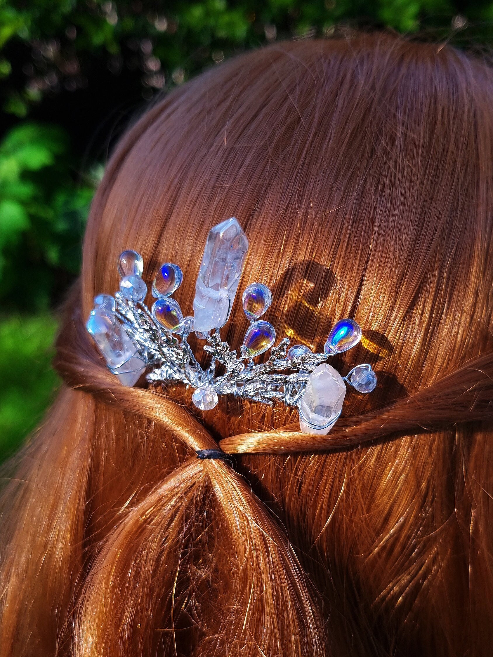Aura Quartz Crystal Hair Comb – Fairy Wedding Hairpiece, Elven