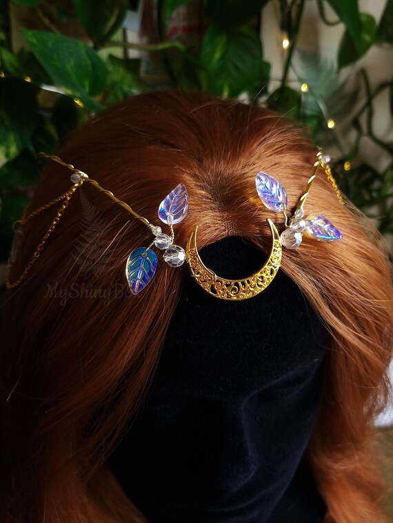 Gold Crescent Moon Tiara With Iridescent Beads, Cosmos Elf