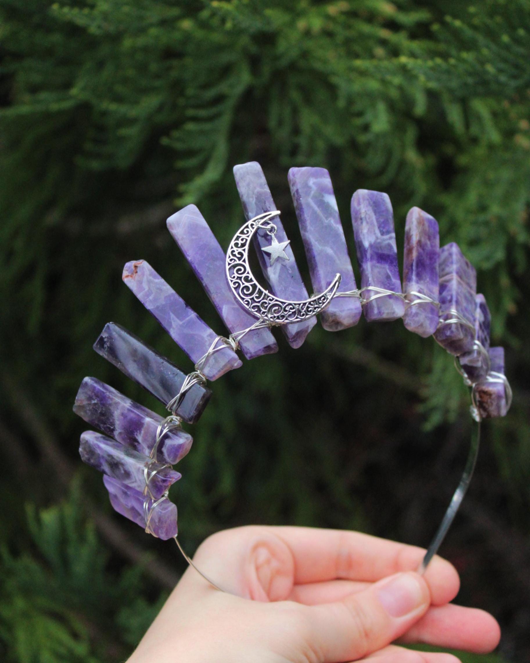 Amethyst Crystal Moon Headband - Purple Purple Amethyst Moon Crystal Crown Headband Primitive Quartz  main image 2