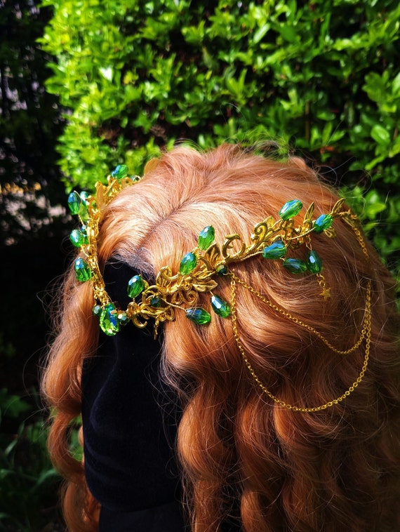Green Crystal Fairy Tiara, Romantic Elven Circlet, Fantasy 