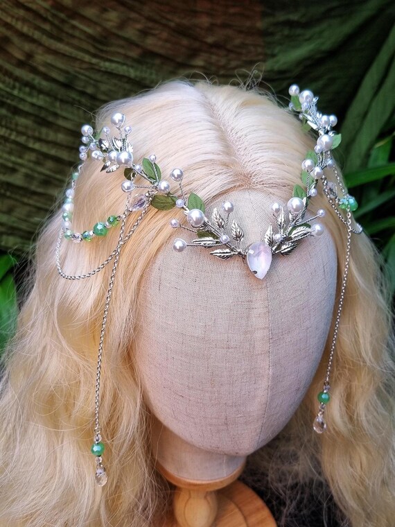 Silver Elven Tiara With Pearls, Green and White Elf Crown - Etsy display picture 2