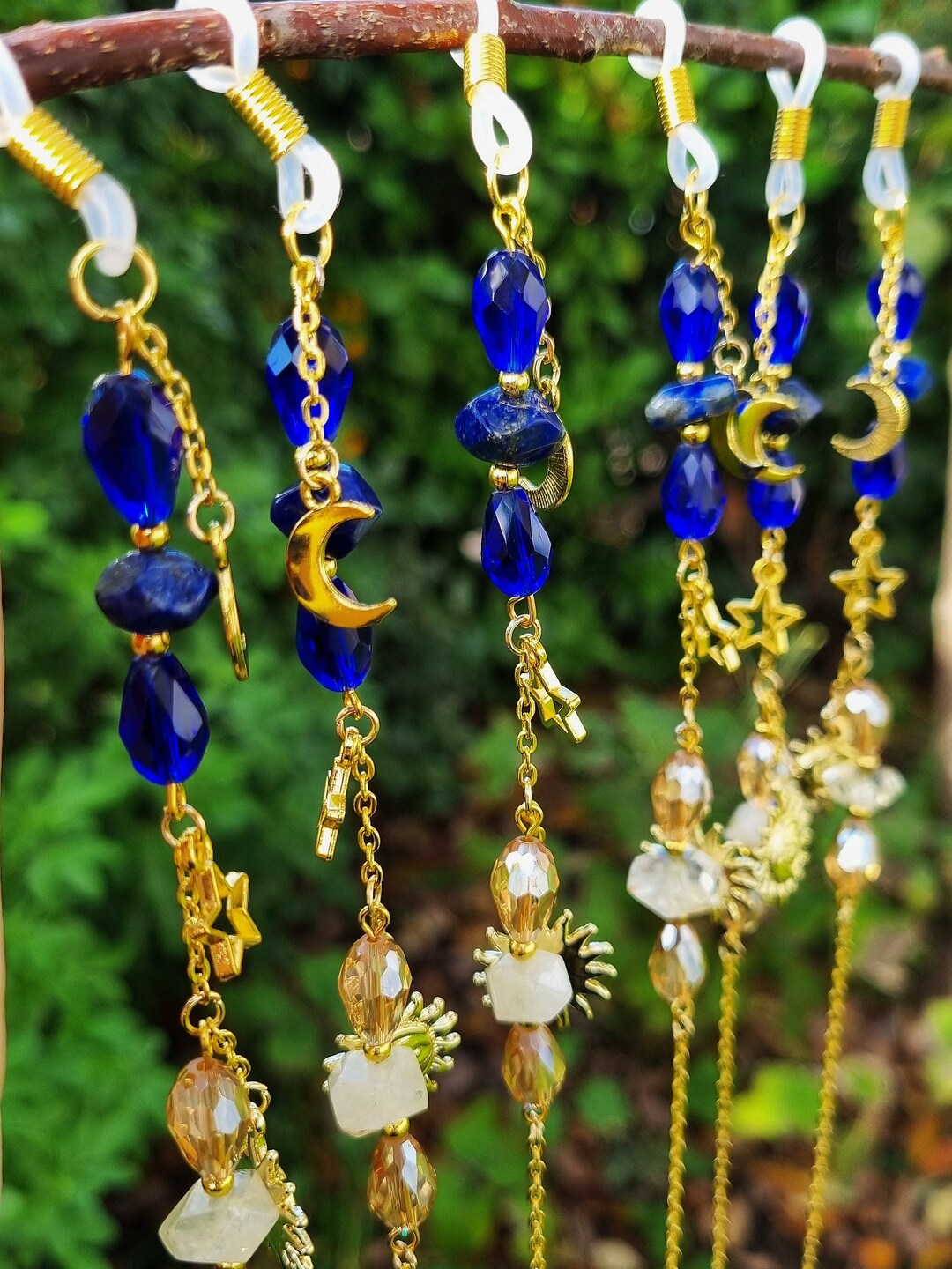 Blue and Gold Gemstone Glasses Chain, Handcrafted Glasses Chain