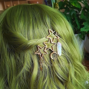 TRIPLE STAR quartz Hair Clip, Crystal witchy hair pin, Bohemian whimsical hair accessory, Quartz gift for her, Hair clip for thin hair
