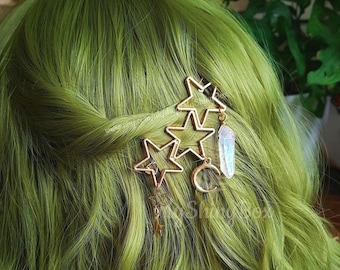 TRIPLE STAR quartz Hair Clip, Crystal witchy hair pin, Bohemian whimsical hair accessory, Quartz gift for her, Hair clip for thin hair