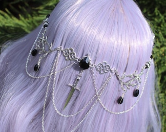 Black Gothic Hair Chain, Dark Bridal Fantasy Headpiece, Sword Hair Jewelry