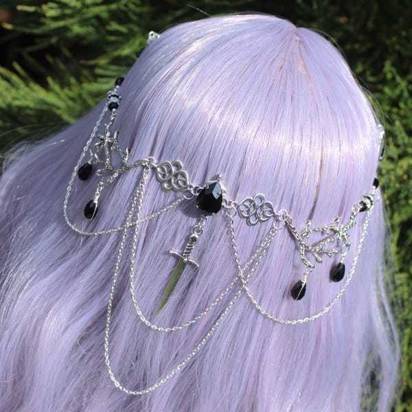Schwarze Gothic Haarkette, dunkles Fantasy Kopfschmuck, Sword Haarschmuck