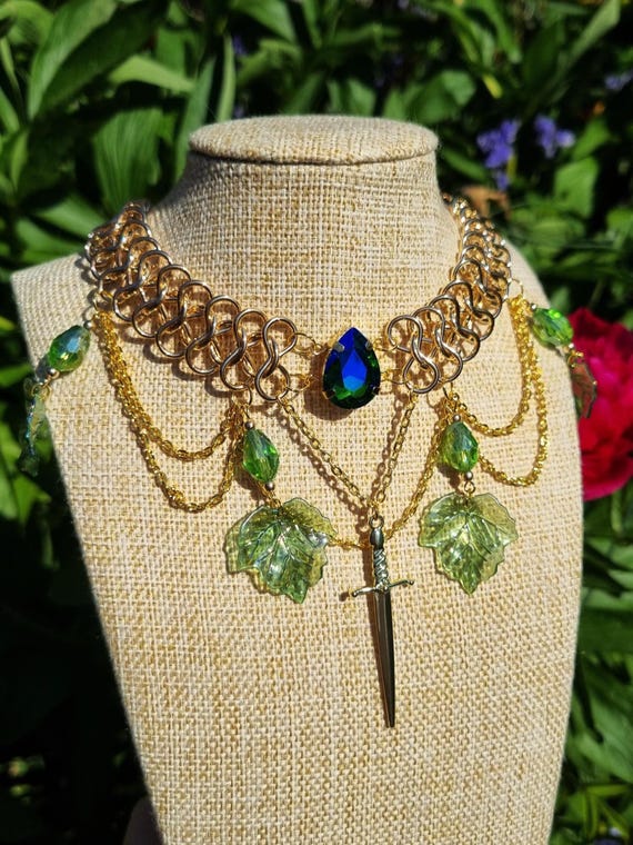 Green Chainmail Necklace, Knightcore Accessories, Chunky Fantasy