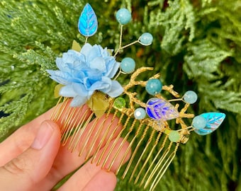Blue bridal hair comb: Aquamarine beads, Floral wedding hair accessories, Flower hair comb