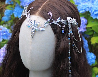 Silver Elven Headpiece, Elf Circlet with Optional Back Hair Chain, Fantasy Crystal Fairy Crown
