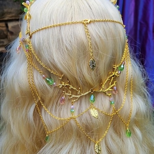 Gold elven tiara with green and pink crystals, Elf Headpiece, Fairy Costume Circlet, Fantasy Wedding Crown, Larp and Renfaire jewellery