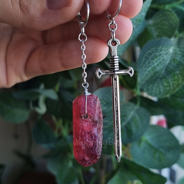 Sword and Red quartz witchy crystal earrings, whimsigoth gothic occult festival grunge witchy  crystal earrings