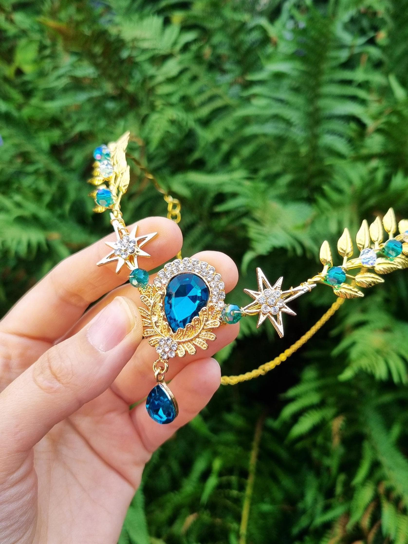 Elven Tiara Gold Leaf, Teal Blue Crystal Headpiece, Fantasy  display picture 1