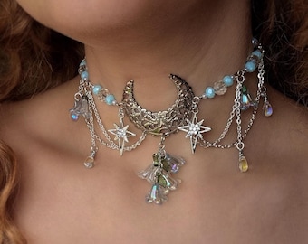 Crescent moon choker necklace, Light blue whimsical choker, Fairycore jewellery, Celestial jewelry