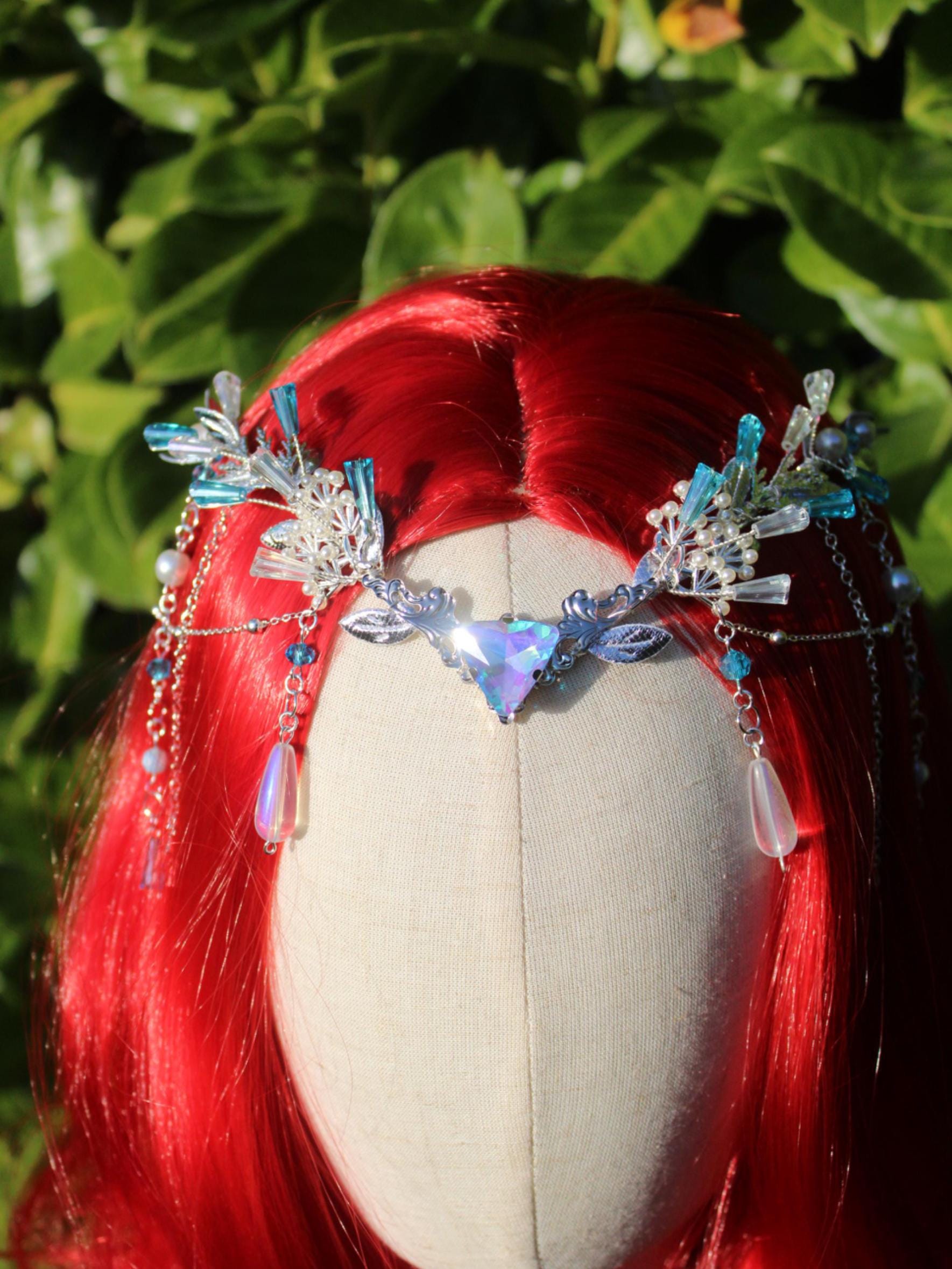 bridal headpiece, ocean blue crystal, princess tiara, silver tiara, fairy crown Blue Water Element Tiara, Mermaid Crystal Crown, Fantasy  main image 3
