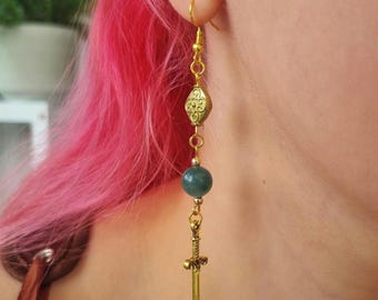 Sword Earrings with Jade beads, Valkyrie Earrings for Warrior Women, Lady Knight Jewelry, Silver or Gold Fantasy Earrings