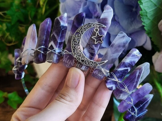 Amethyst Crystal Crown With Moon and Star, Witchy Crown  display picture 1