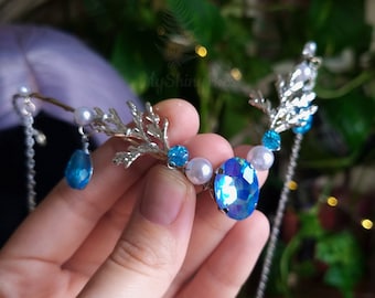 Silver elven tiara with pearls, Blue Elf Headpiece, Fairy Costume Circlet, Fantasy Wedding Crown