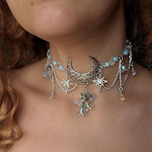 Crescent moon necklace with stars and flowers, Light blue whimsical choker, Fairycore jewellery, Celestial necklace