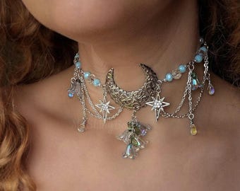 【fa.er.ie】 faerie cubic charm choker ♥2Color Crescent Moon Necklace With Stars and Flowers, Light Blue