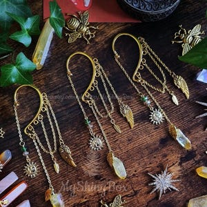 Yellow quartz ear cuff - no piercing earring - Gold Sunearring cuff - elf ear cuff, Crystal fantasy jewelry - dangle ear cuff