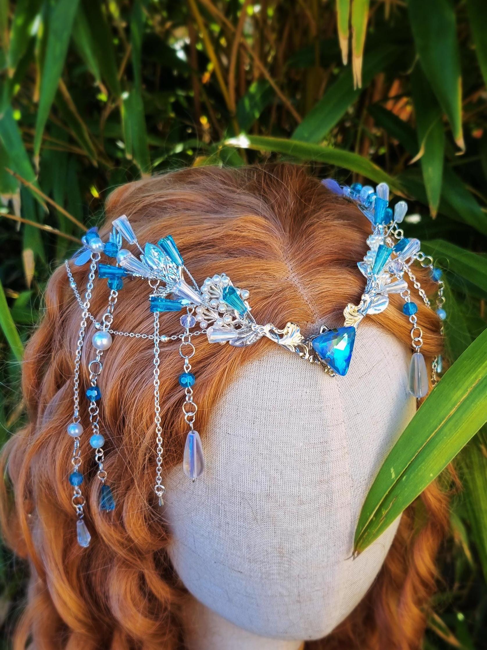 Blue Mermaid Crystal Tiara, Pearl Ocean Fantasy Crown, Fairy 