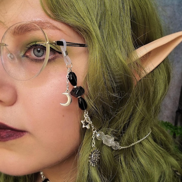 Black Gemstone eyeglass chain with Celestial charms, Gothic glasses chain, Quartz eyewear accessory