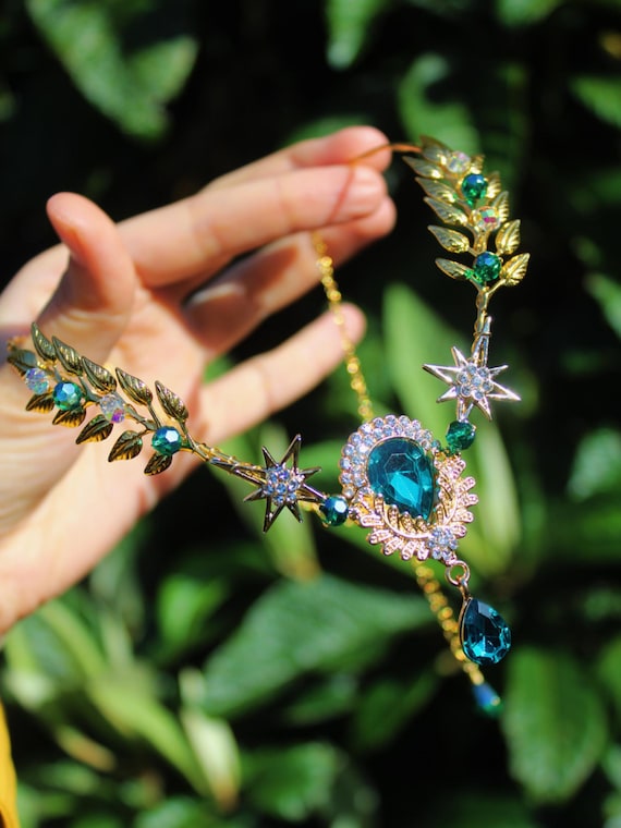 Elven Tiara Gold Leaf, Teal Blue Crystal Headpiece, Fantasy  display picture 2