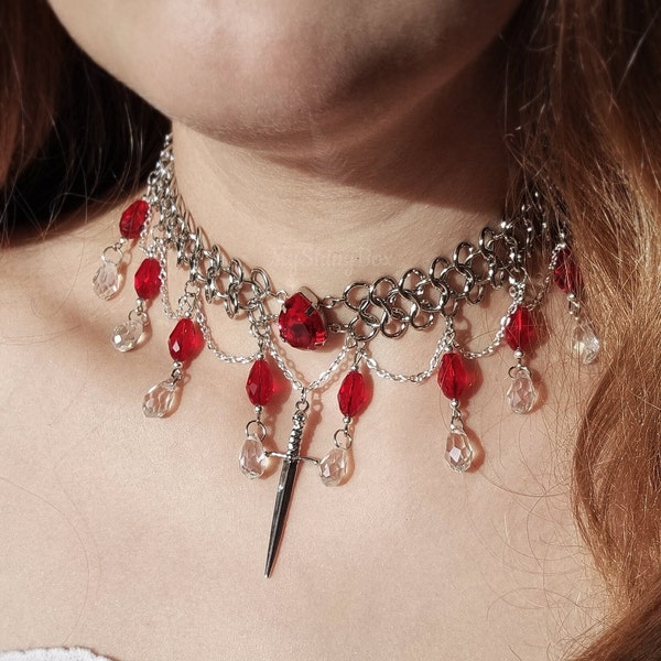 Red rhinestone chainmail choker, gothic chainmail necklace, artisan handmade chainmail necklace, Chunky Statement Necklace