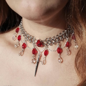 Red Chainmail necklace, Gothic chunky choker, Knightcore, Lady knight accessories, Statement Fantasy Necklace image 1