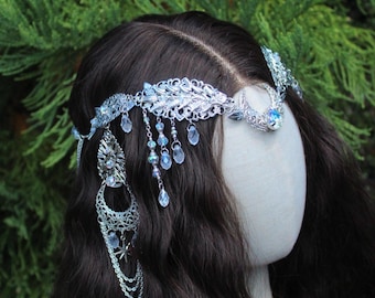 Art Nouveau Celestial Headpiece, Iridescent Crystal Tiara, Elven Hair Jewelry