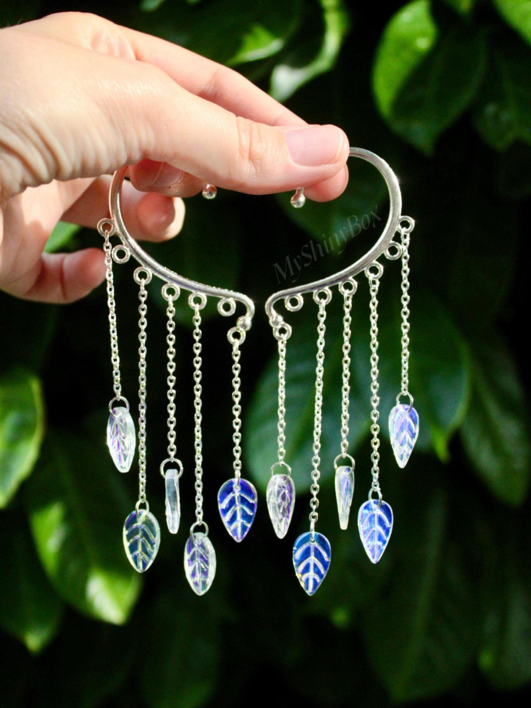Iridescent leaf ear cuff, No piercing dangle earring, Elf ear wrap, Fairy earrings