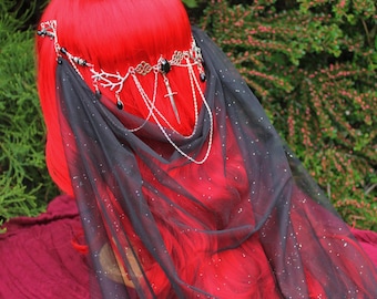 Gothic Bridal Veil Hair Chain, Black Celestial Headpiece Sword, Dark Fantasy Wedding