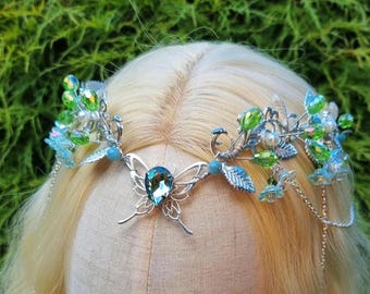 Tiara de fada Bluebell, coroa élfica azul, adorno de cabeça romântico de elfo, diadema de fantasia de fada, coroa de casamento de fantasia