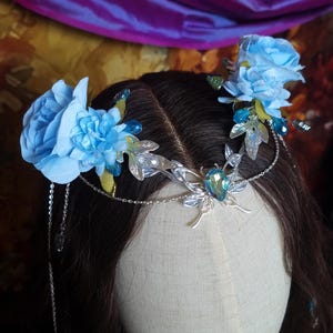 Blue Floral fantasy tiara, Elven Tiara, Elf Headpiece, Fairy Costume Circlet, Fantasy Wedding Crown, Woodland Fairy Tiara